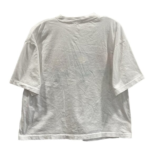 Happy Flower T-Shirt Womens L White Floral Graphic Print Crop Baggy Hippie Y2K - Picture 3 of 5